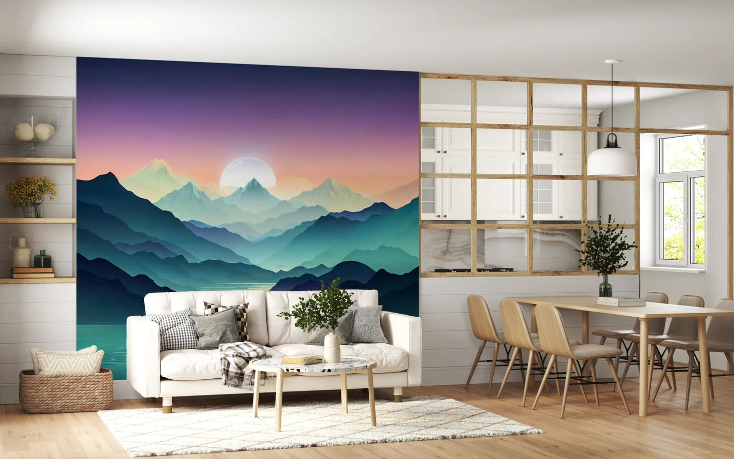 Mountain Serenity Wall Mural in a minimalist living room with wooden furniture.