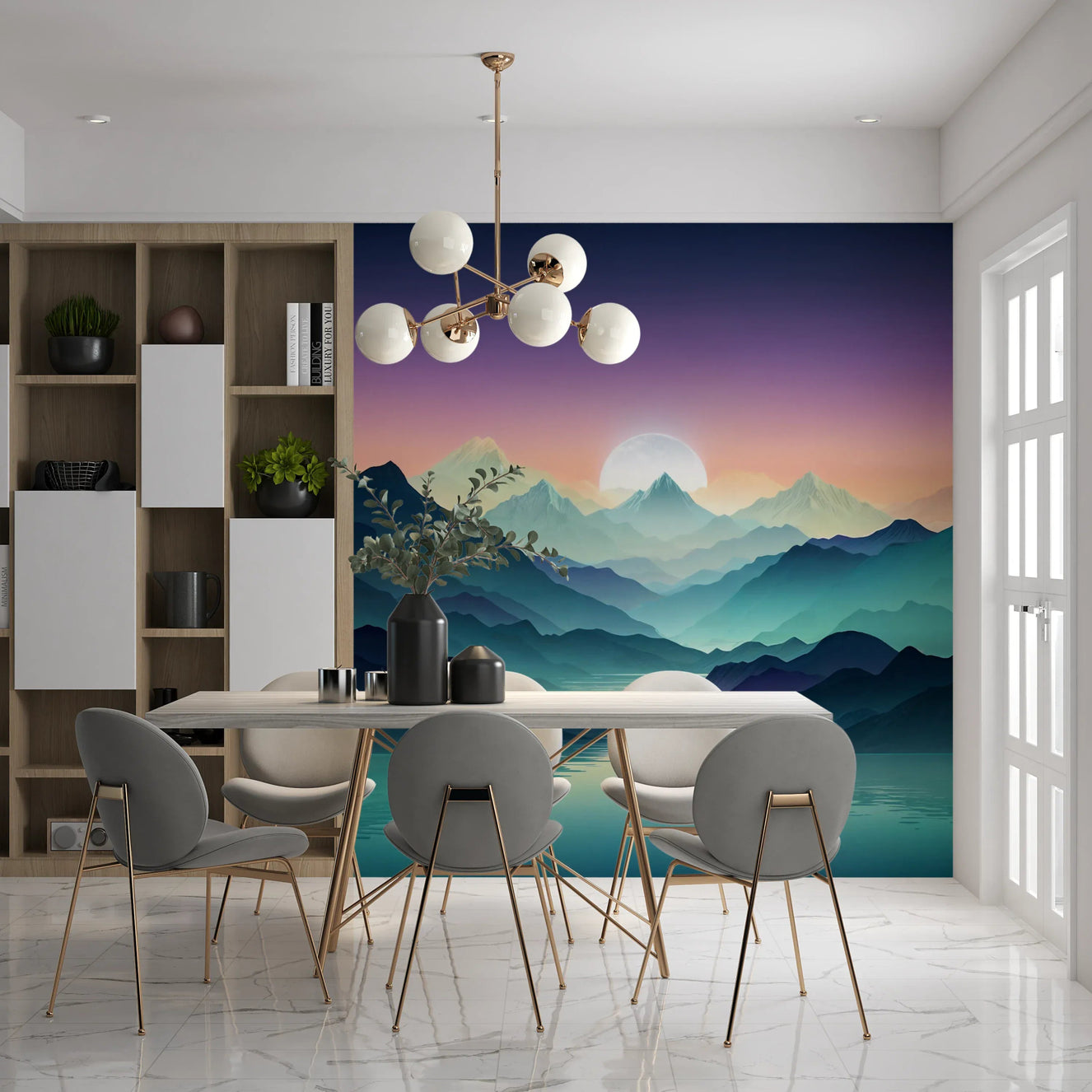 Calm bedroom featuring Mountain Serenity Wall Mural with misty peaks.