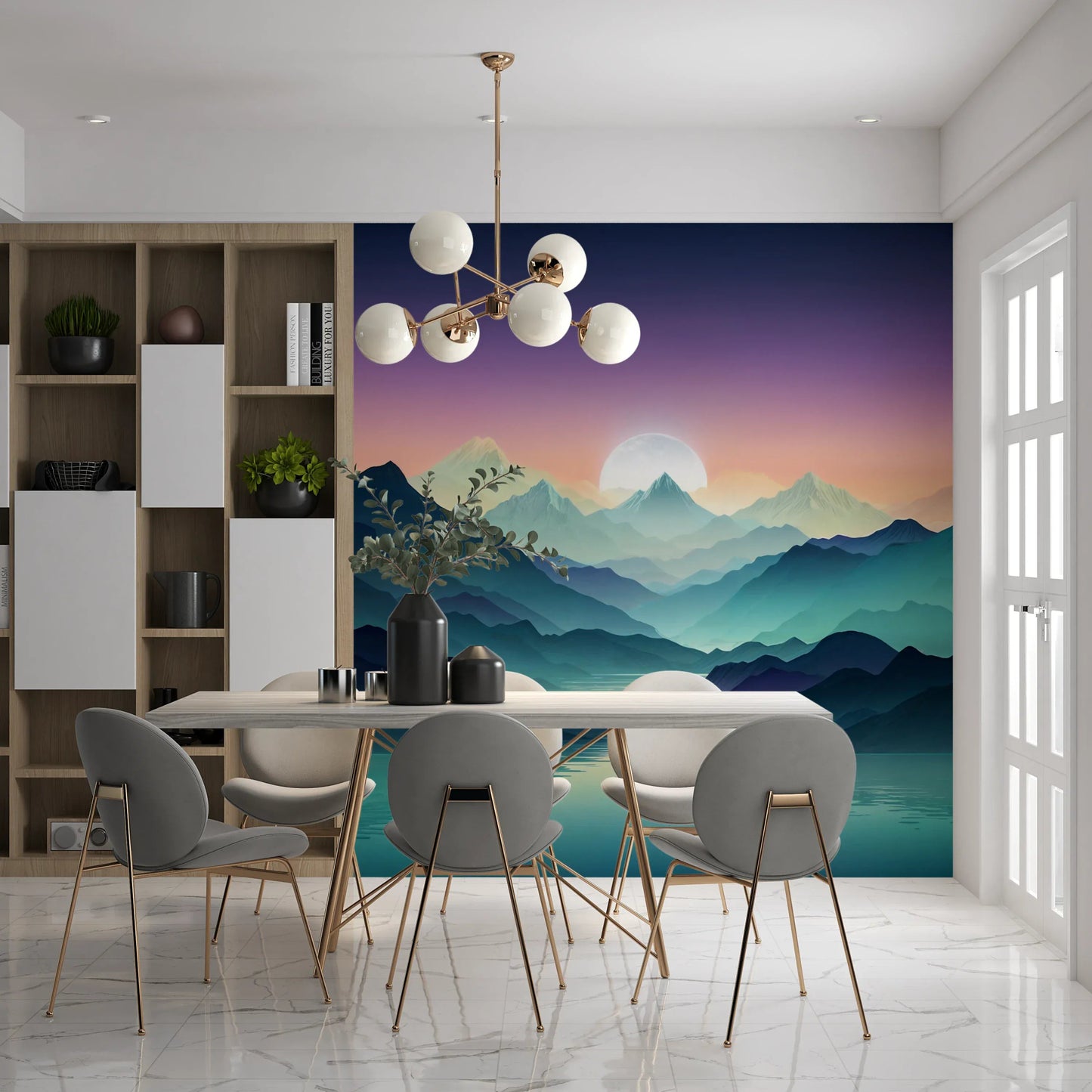 Calm bedroom featuring Mountain Serenity Wall Mural with misty peaks.