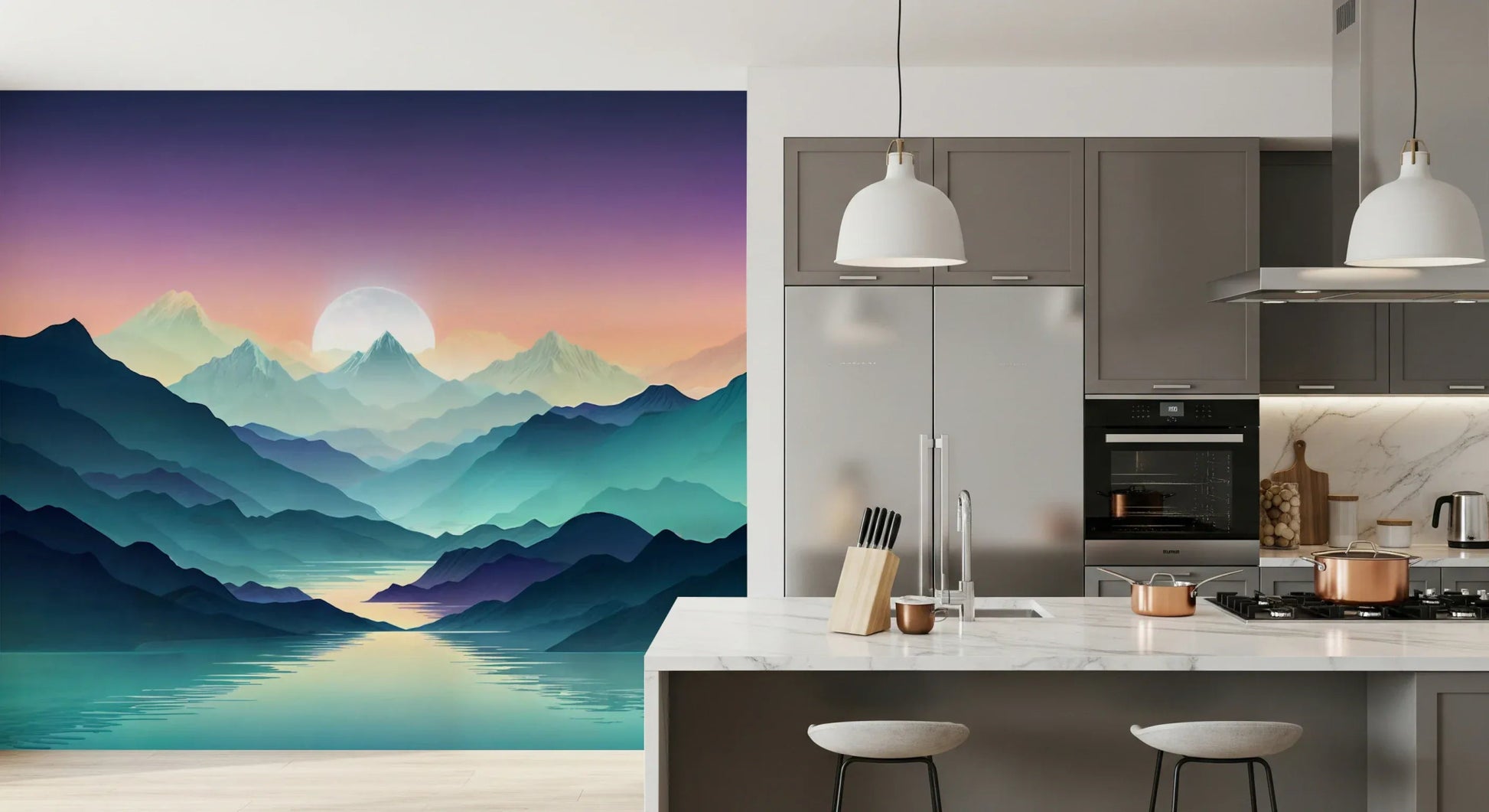 Guest suite with Mountain Serenity Wall Mural in soft natural tones.
