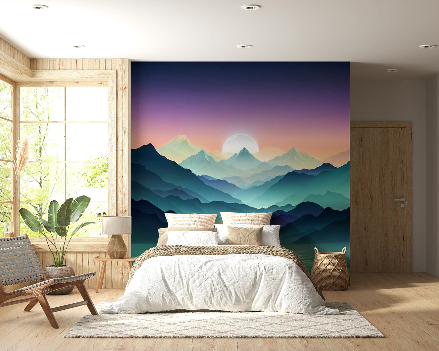 Zen inspired office space with Mountain Serenity Wall Mural backdrop.