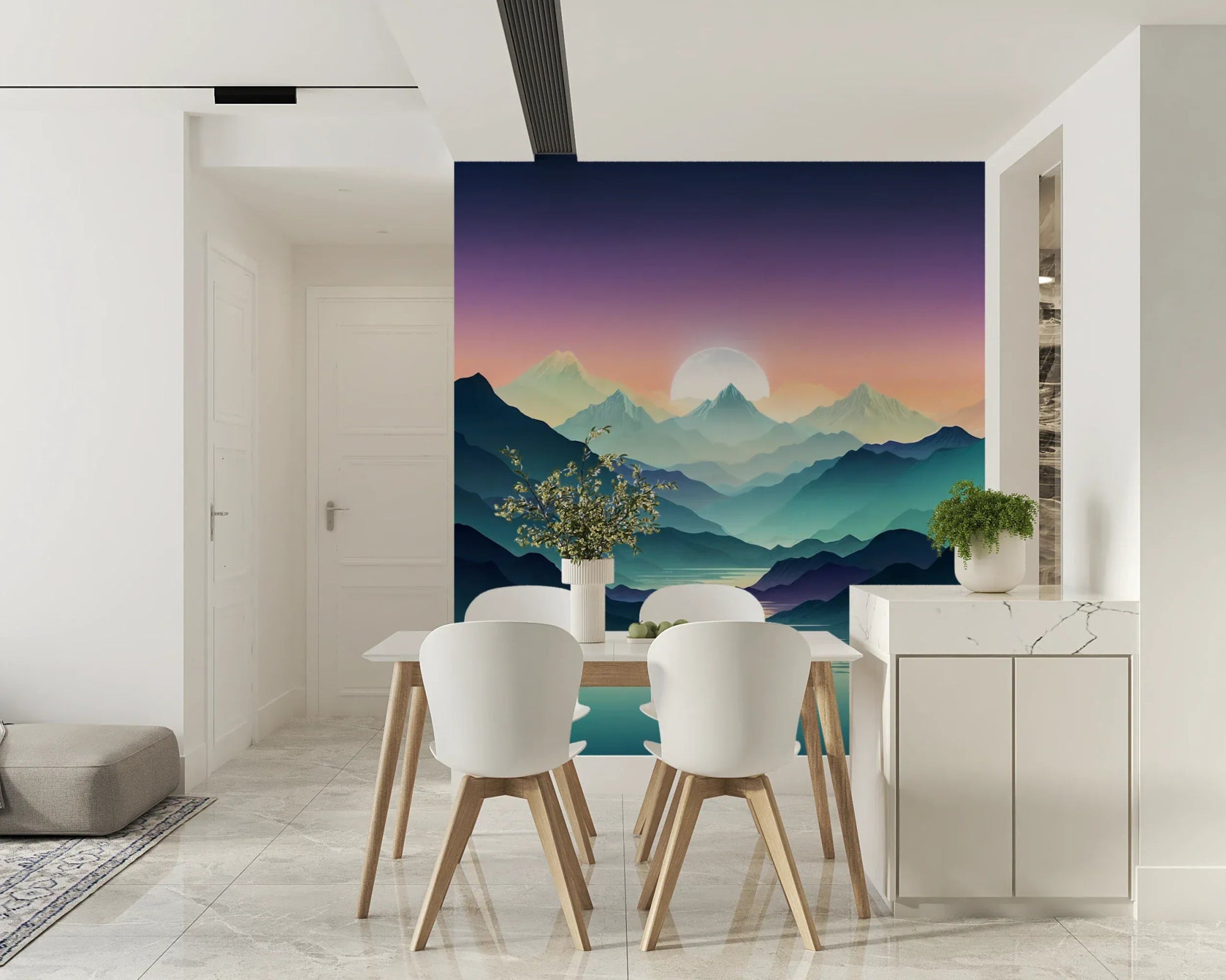 Mountain Serenity Wall Mural showing blue and grey ridges in a modern lounge.