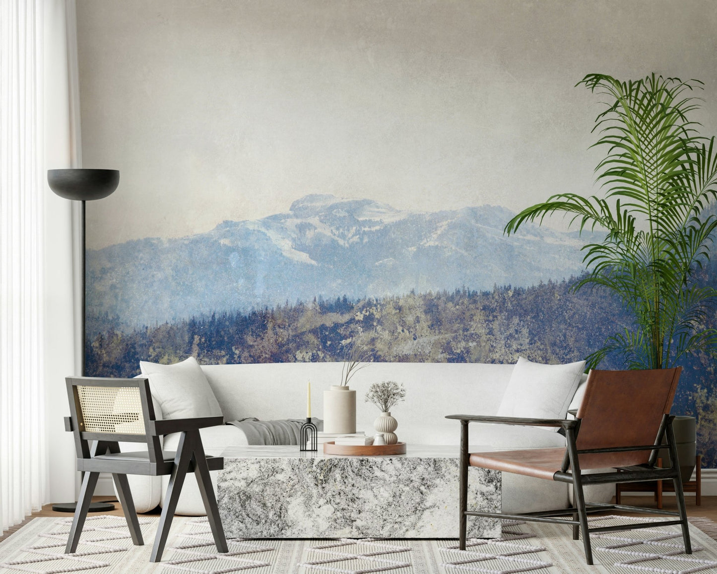 A graceful subtle mountain wall mural in cool, natural tones.