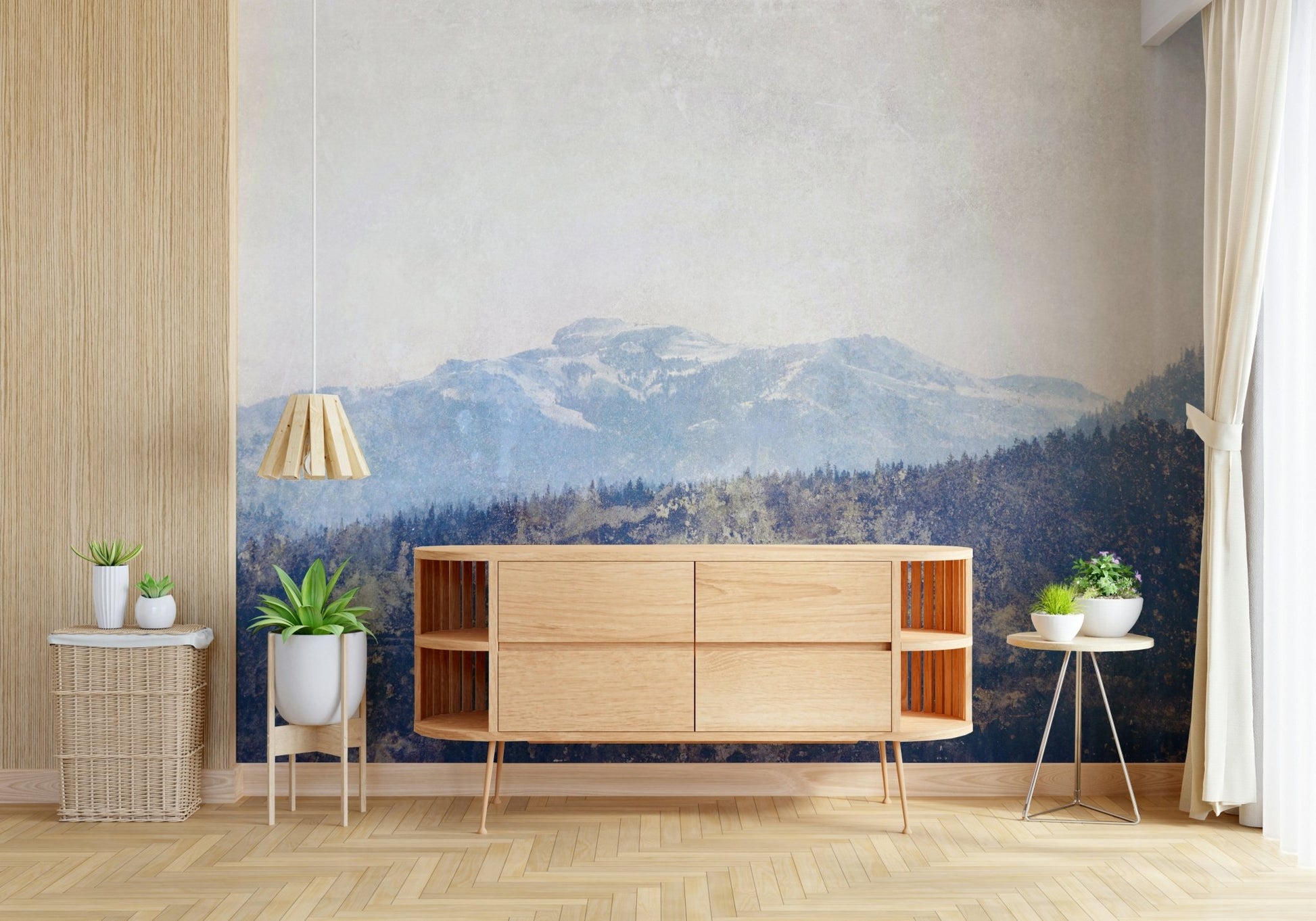 A contemplative textured mountain wallpaper mural for a feature wall.