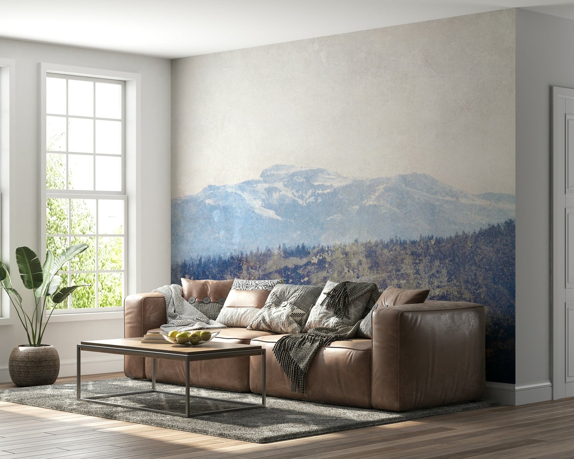 A calming serene mountain wallpaper mural that defines a space.