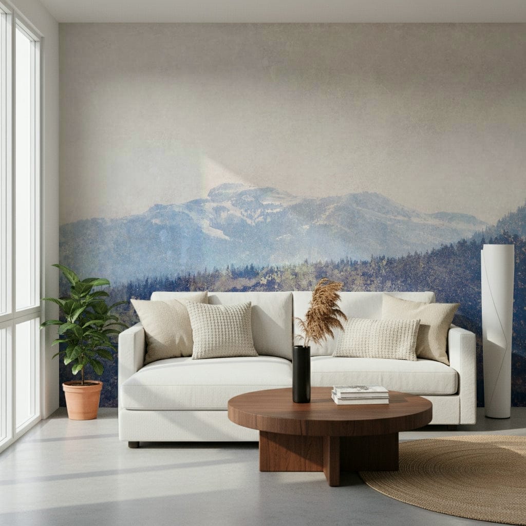 An artistic scenic landscape mural on minimalist wallpaper.
