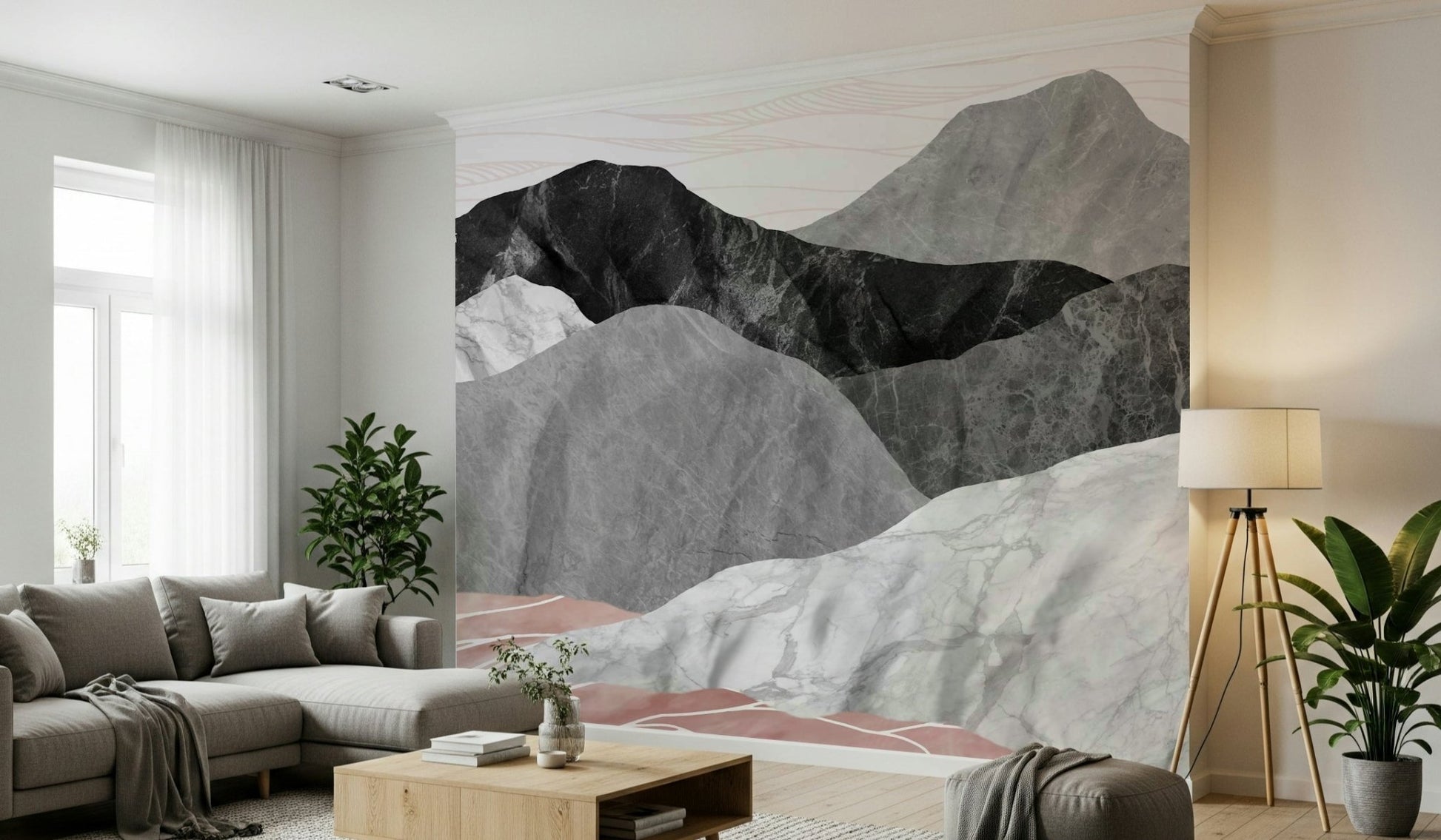 A calming serene mountain wallpaper mural that defines a space., GD5648