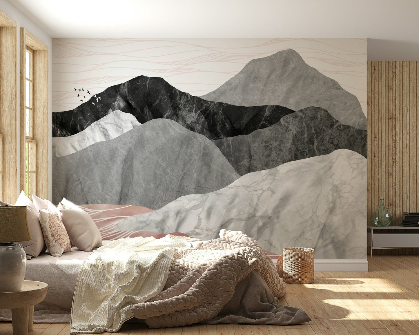 A graceful subtle pattern wall mural in cool, natural tones., GD5648