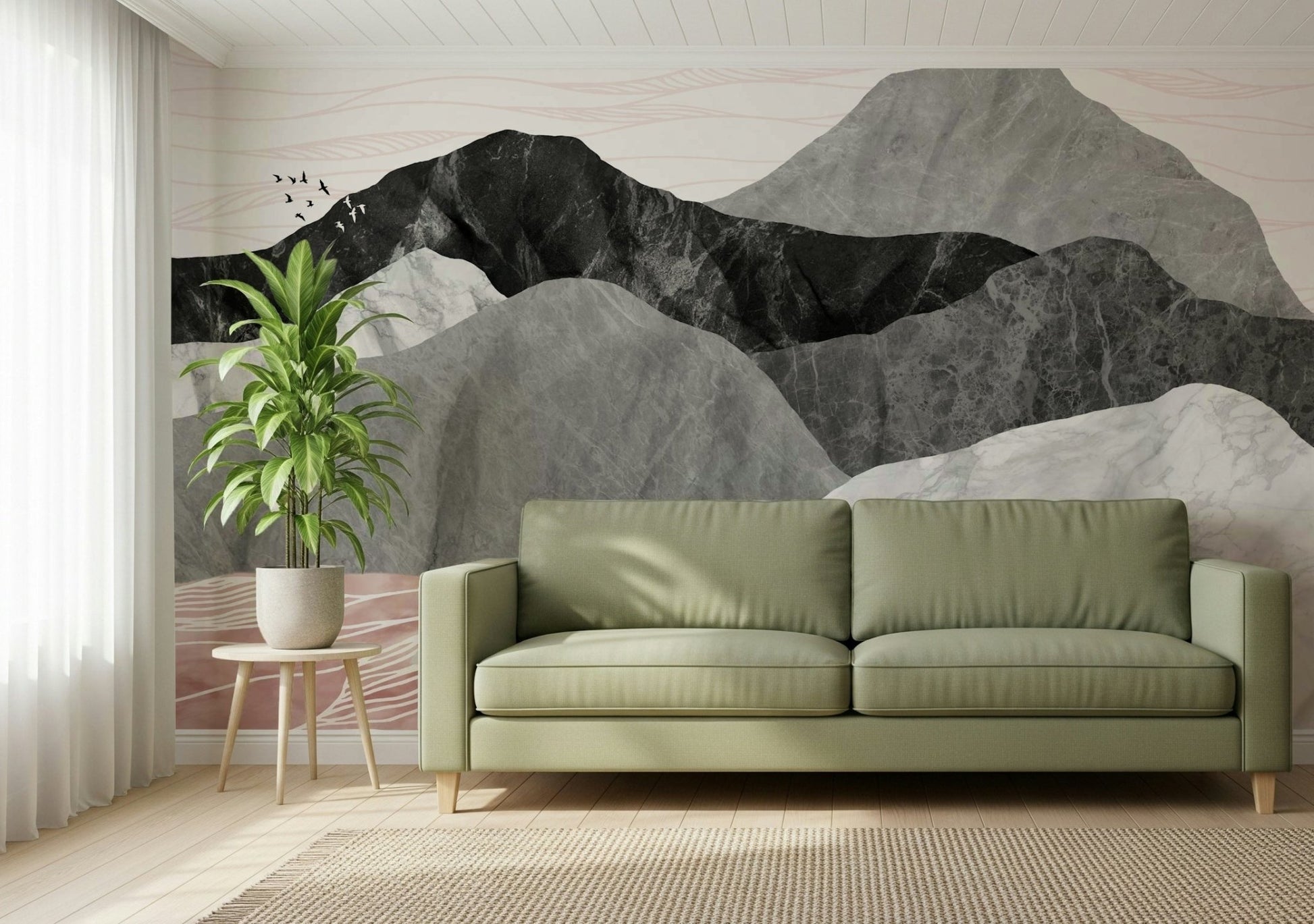 A peaceful mountain range mural on decorative wallpaper., GD5648
