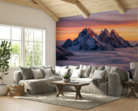 A full-wall mural of a serene mountain landscape.
