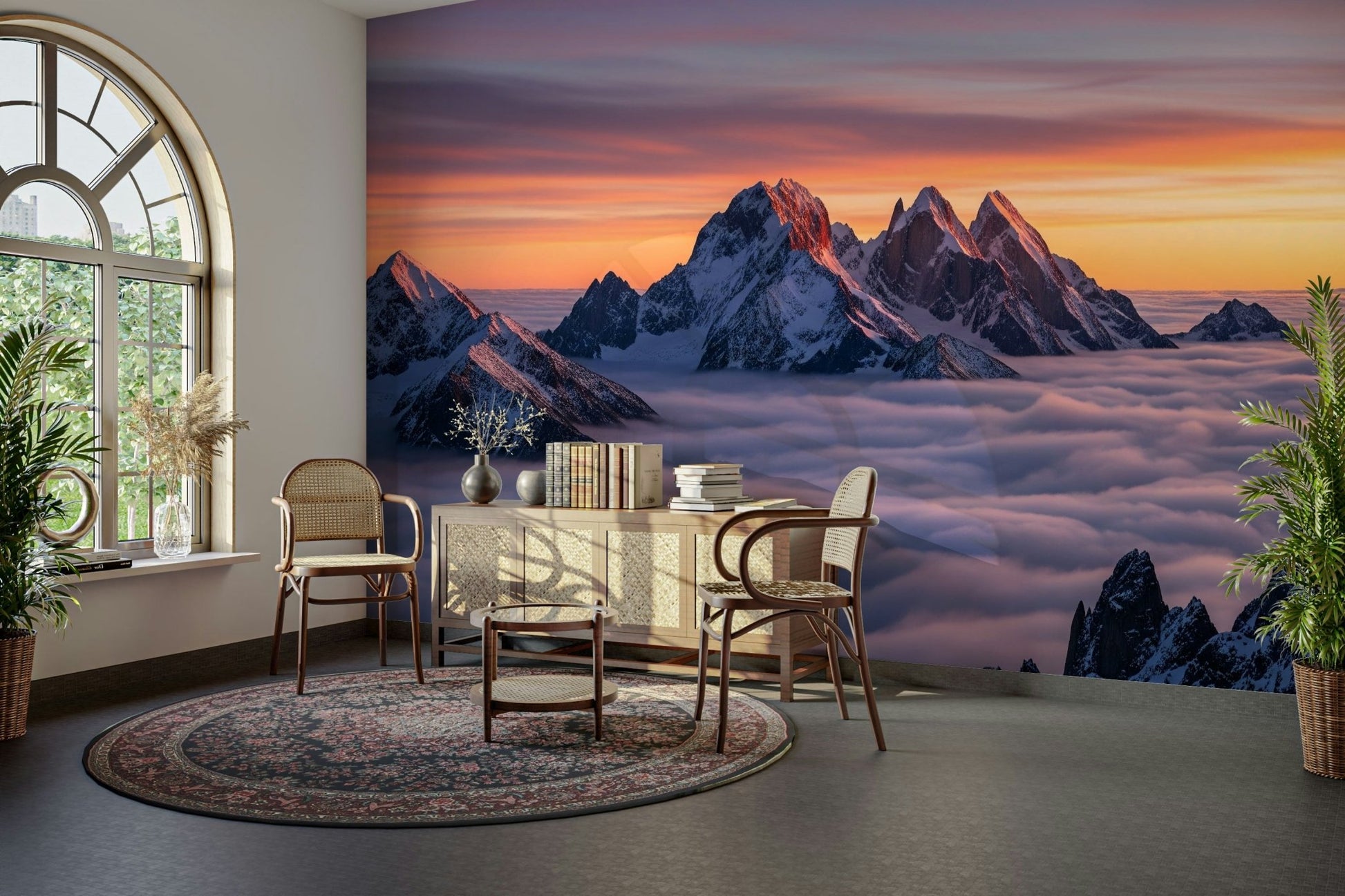 The colors are muted, with shades of gray, blue, and light green.
