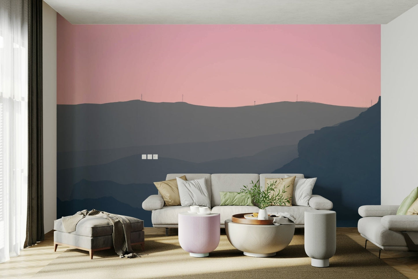 A close-up of the layered, misty mountains at dusk.