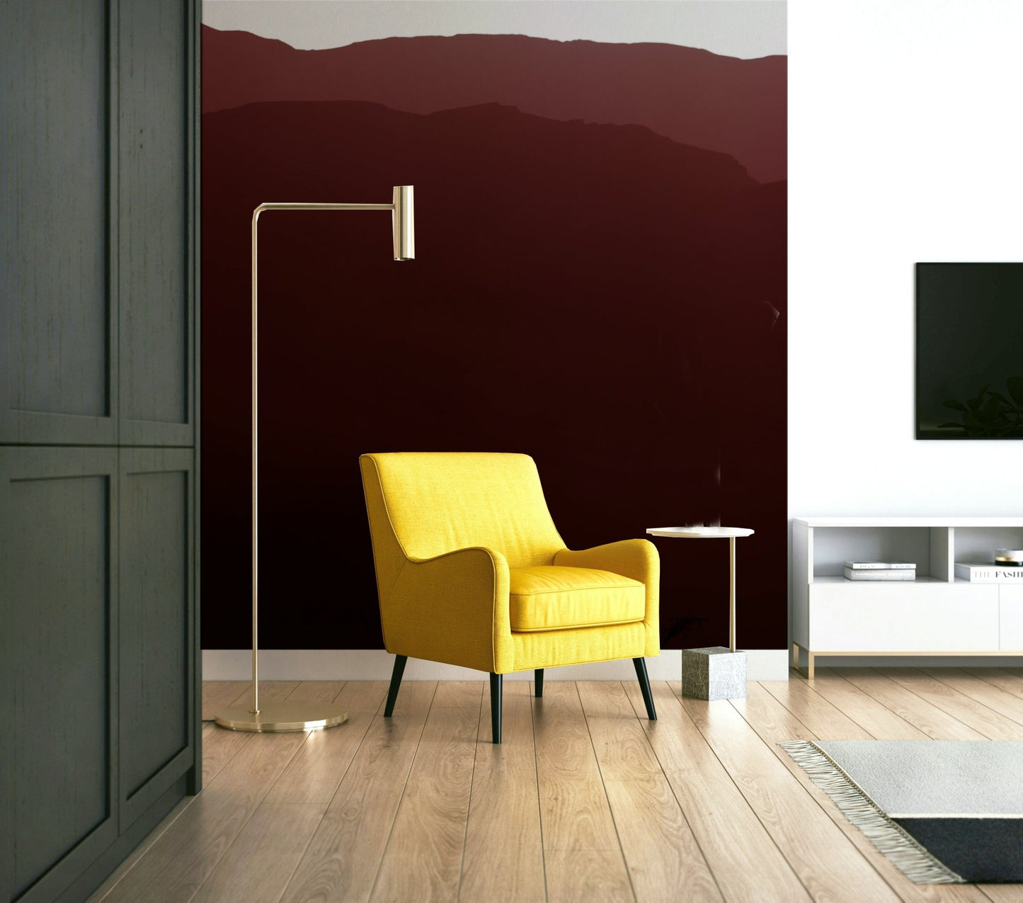 The wallpaper is used to create a feature wall in a dining room.