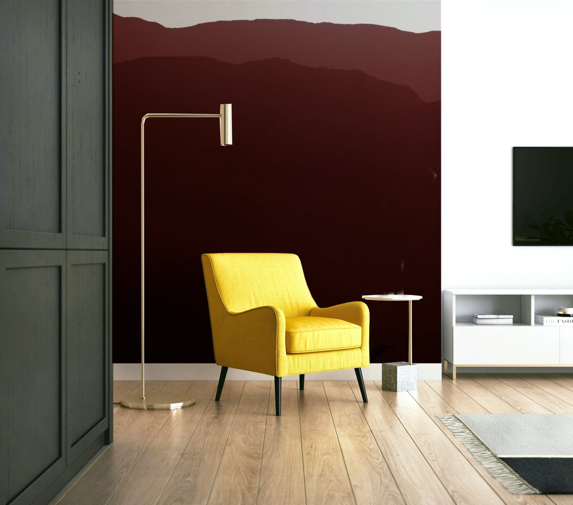 The wallpaper is used to create a feature wall in a dining room.