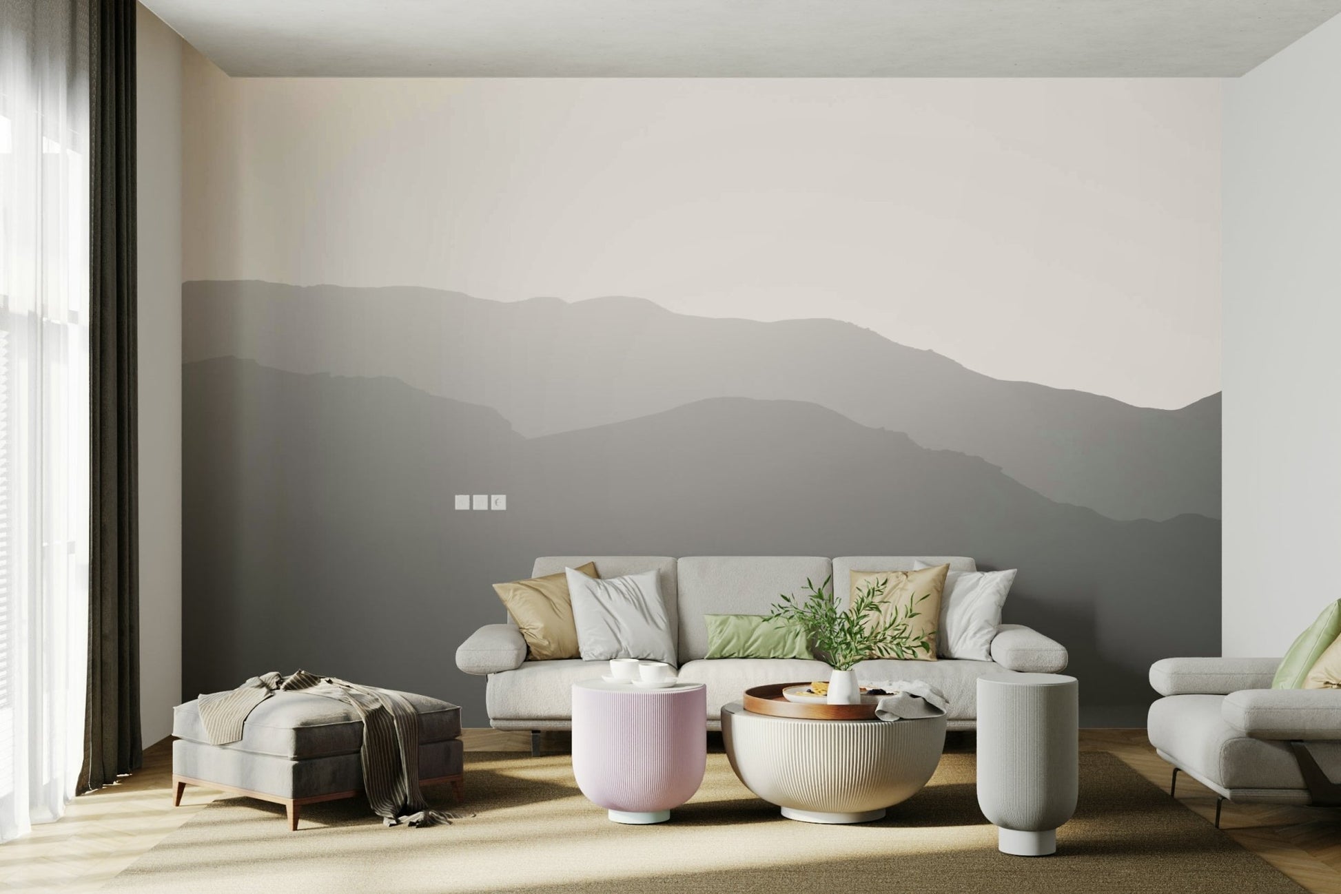 A minimalist home office with the scenic mountain wallpaper.