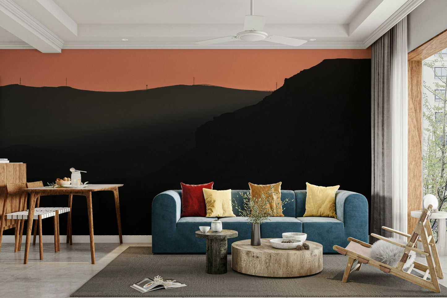 A close-up of the layered, misty mountains at dusk.