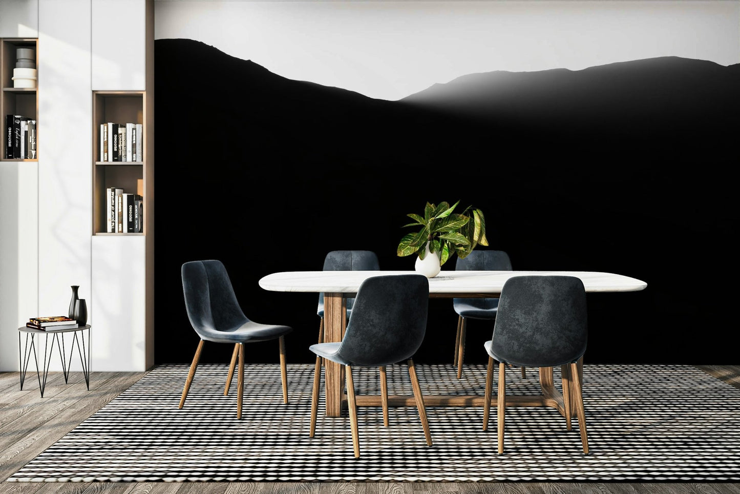 The wallpaper is used to create a feature wall in a dining room.