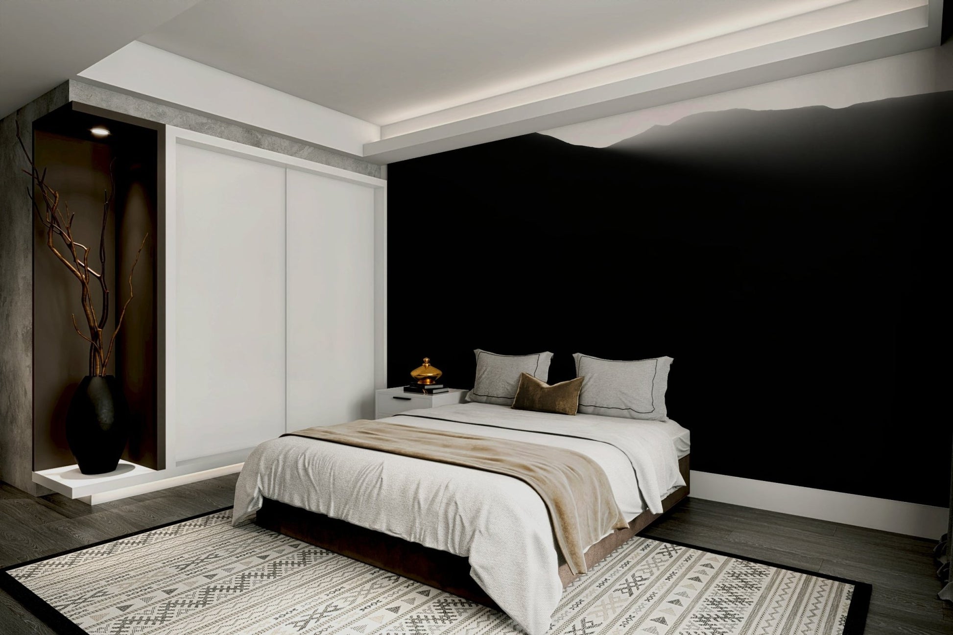 A minimalist home office with the scenic mountain wallpaper.