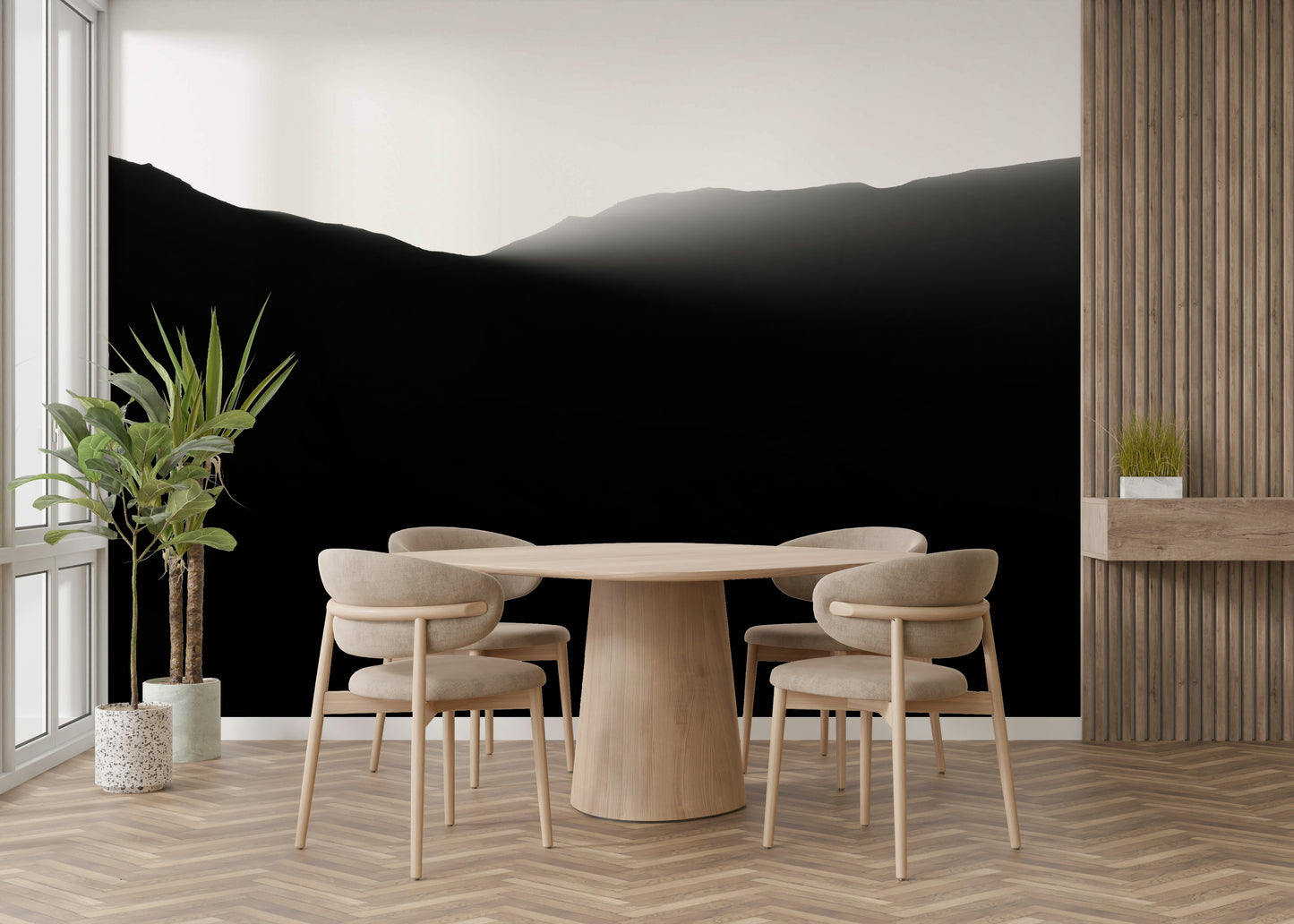 A contemporary living room with a large mountain landscape wall mural.