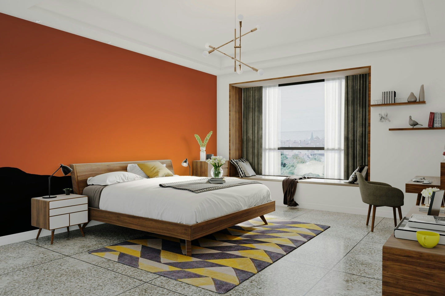 A bedroom with the wall mural behind the headboard.