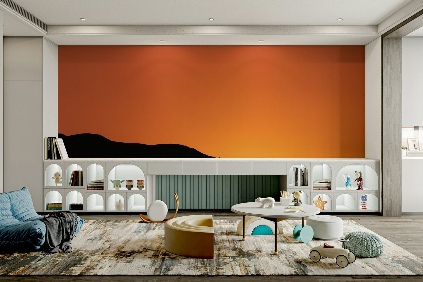 A close-up of the layered, misty mountains at dusk.