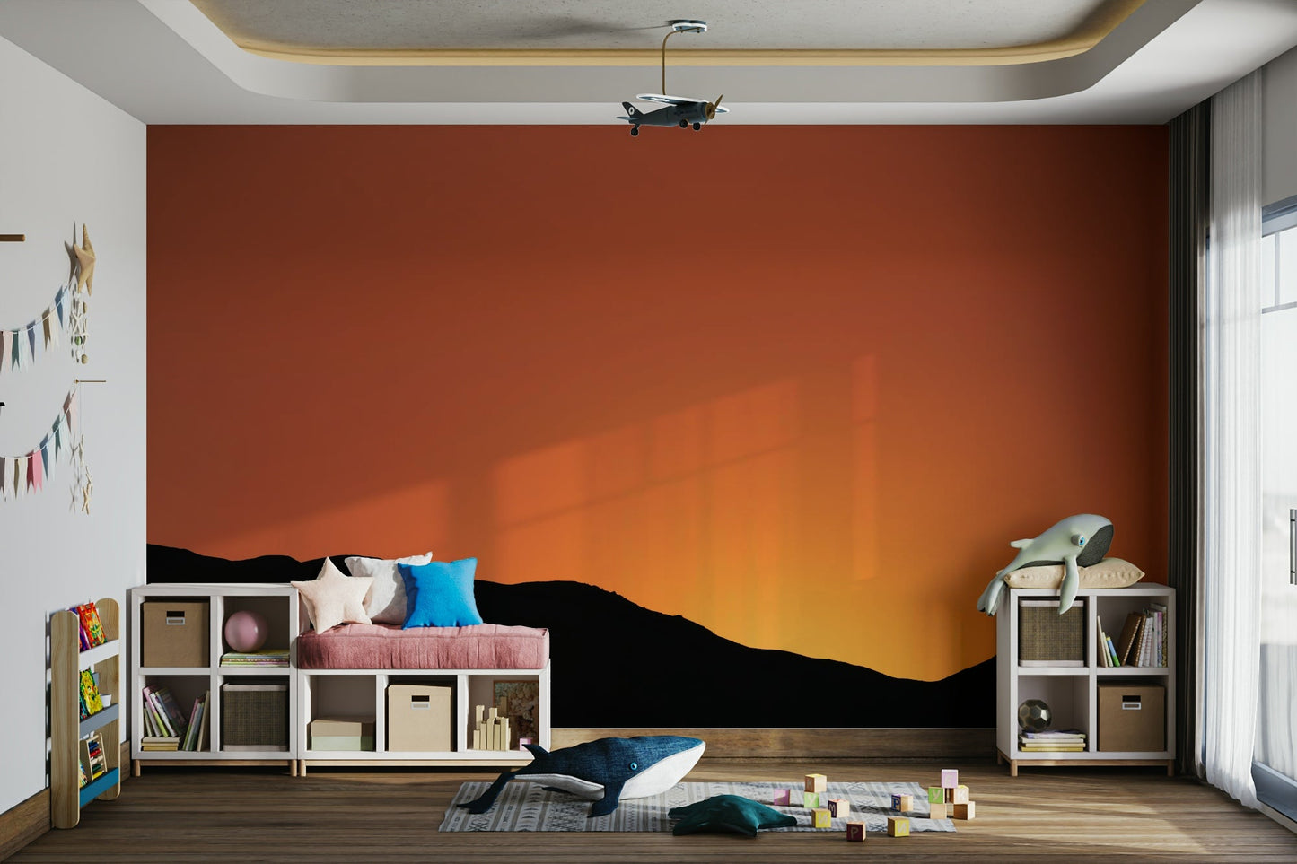 An angled shot of the mural's gentle color palette.