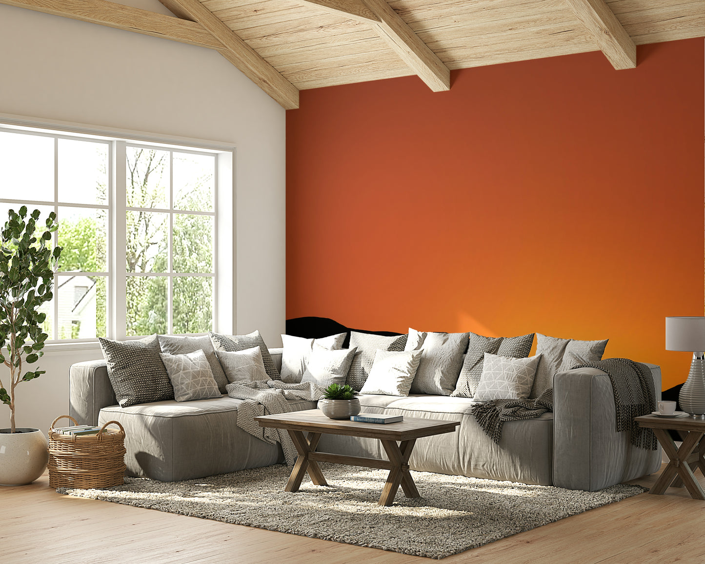 A minimalist home office with the scenic mountain wallpaper.