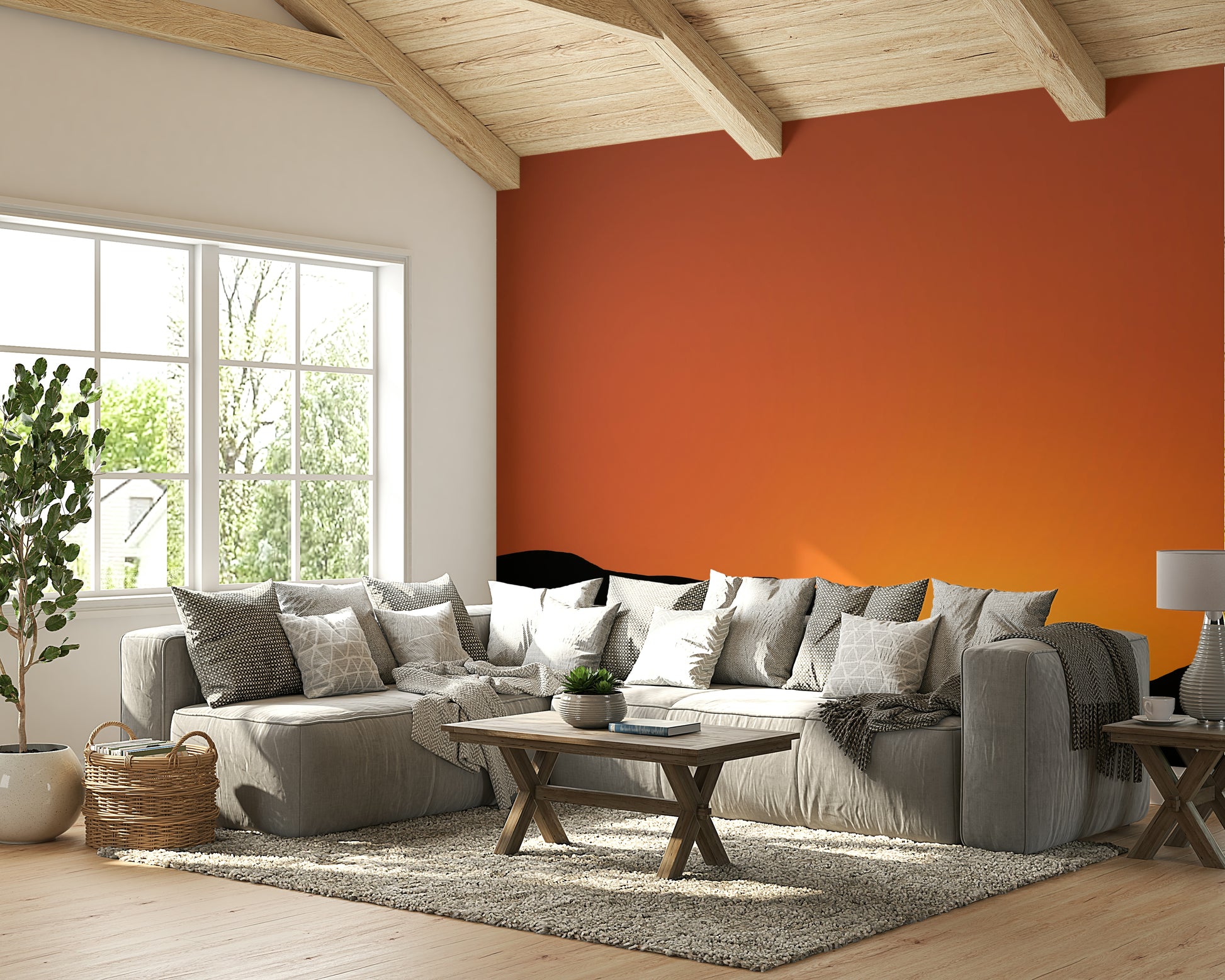 A minimalist home office with the scenic mountain wallpaper.