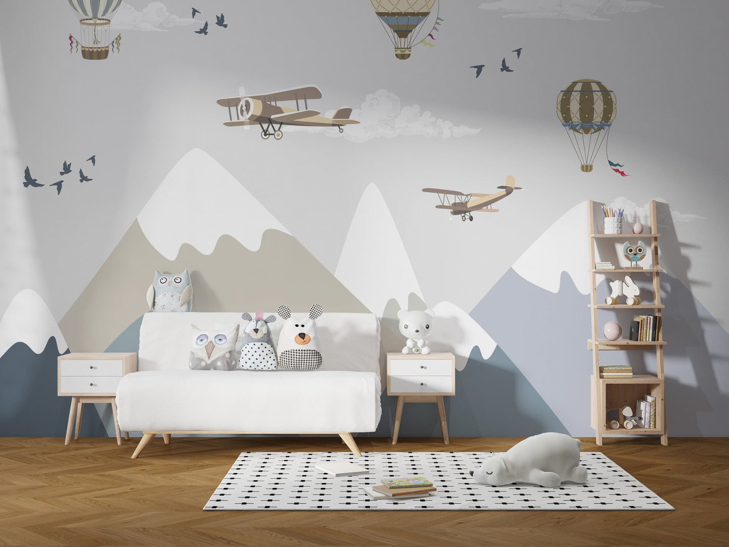 Airplane and hot air balloon kids room wallpaper mural A640