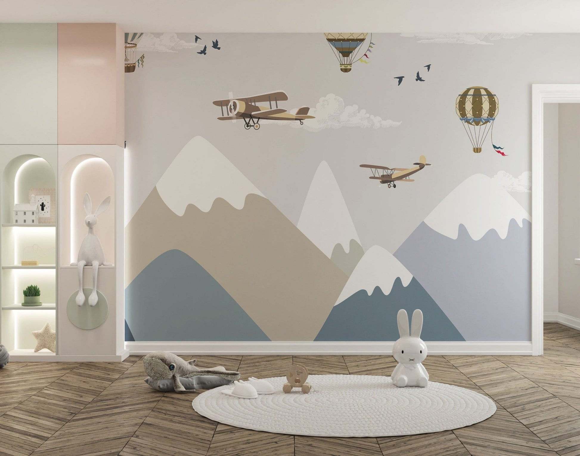 Hot air balloons and planes nursery mural wallpaper A640

