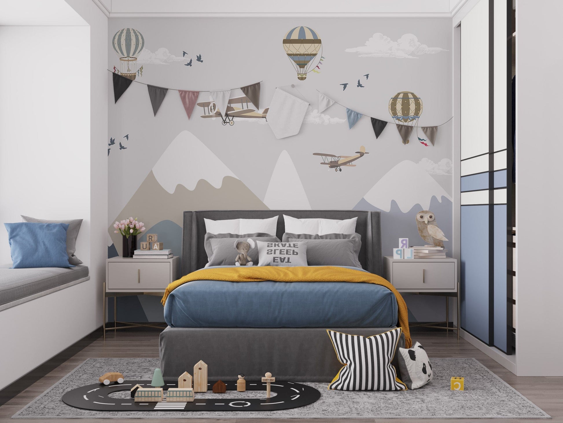 Vintage airplanes mural wallpaper for nursery decor

