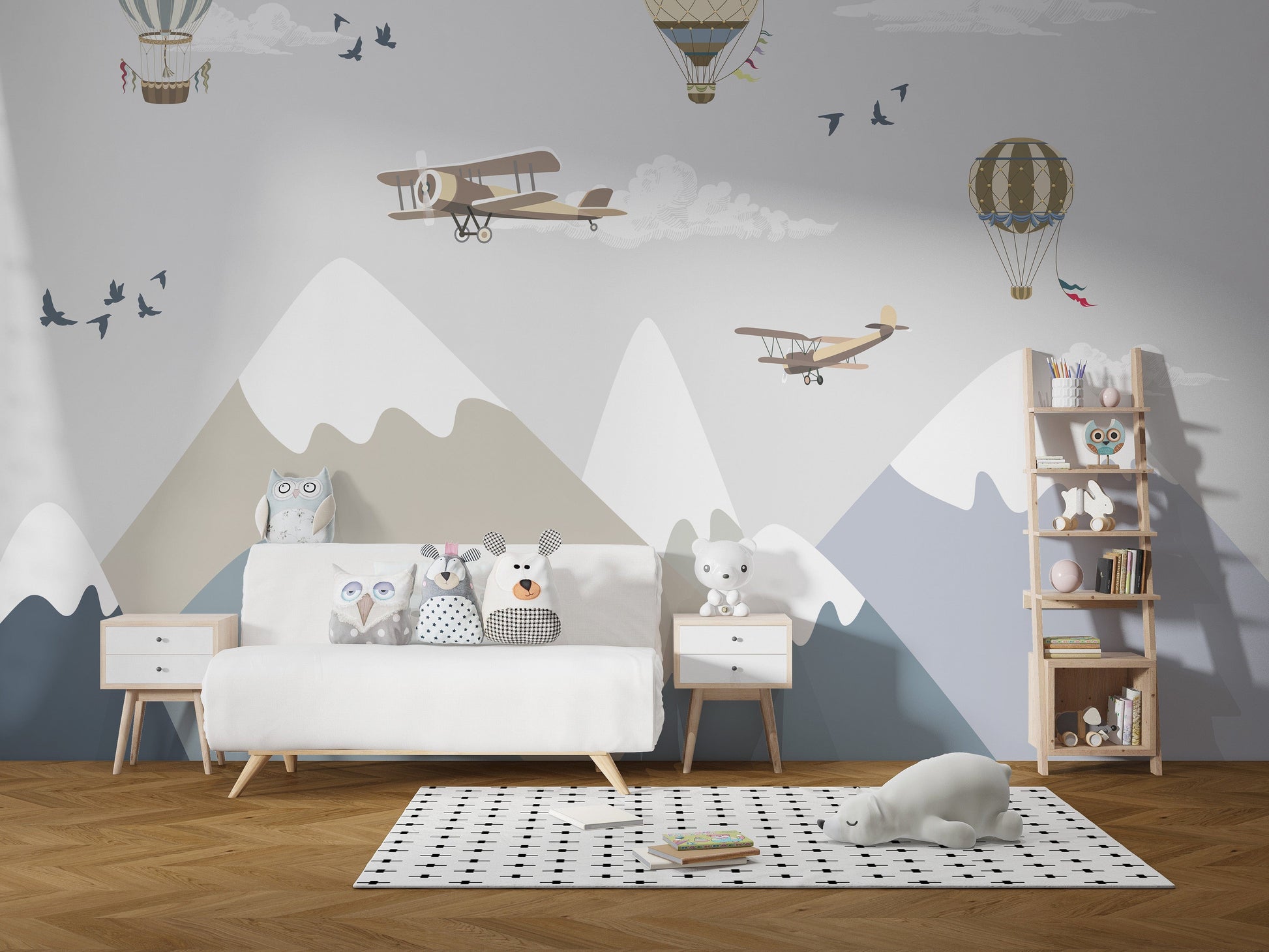 Airplane and hot air balloon kids room wallpaper mural
