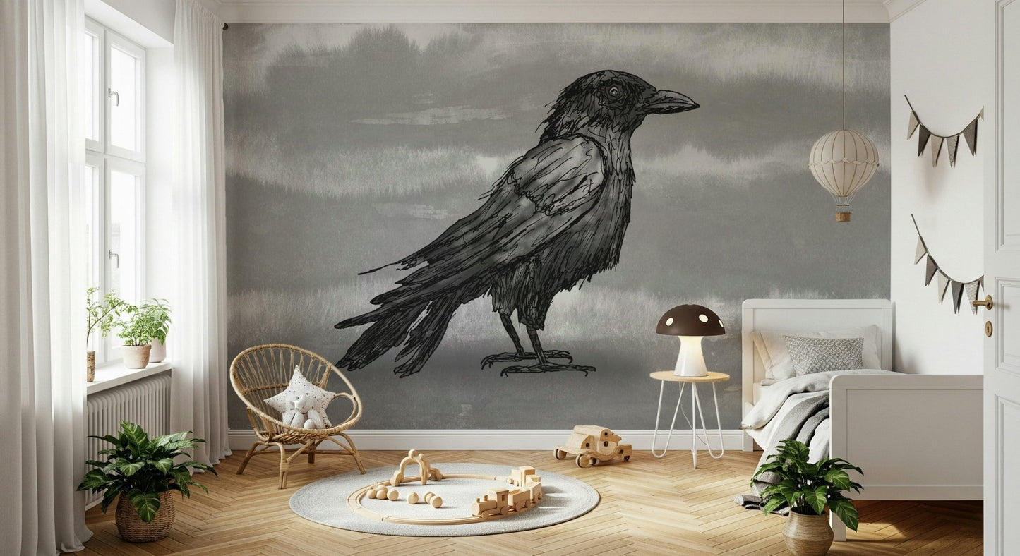 Grayscale textures within the Mr Crow wallpaper mural background.