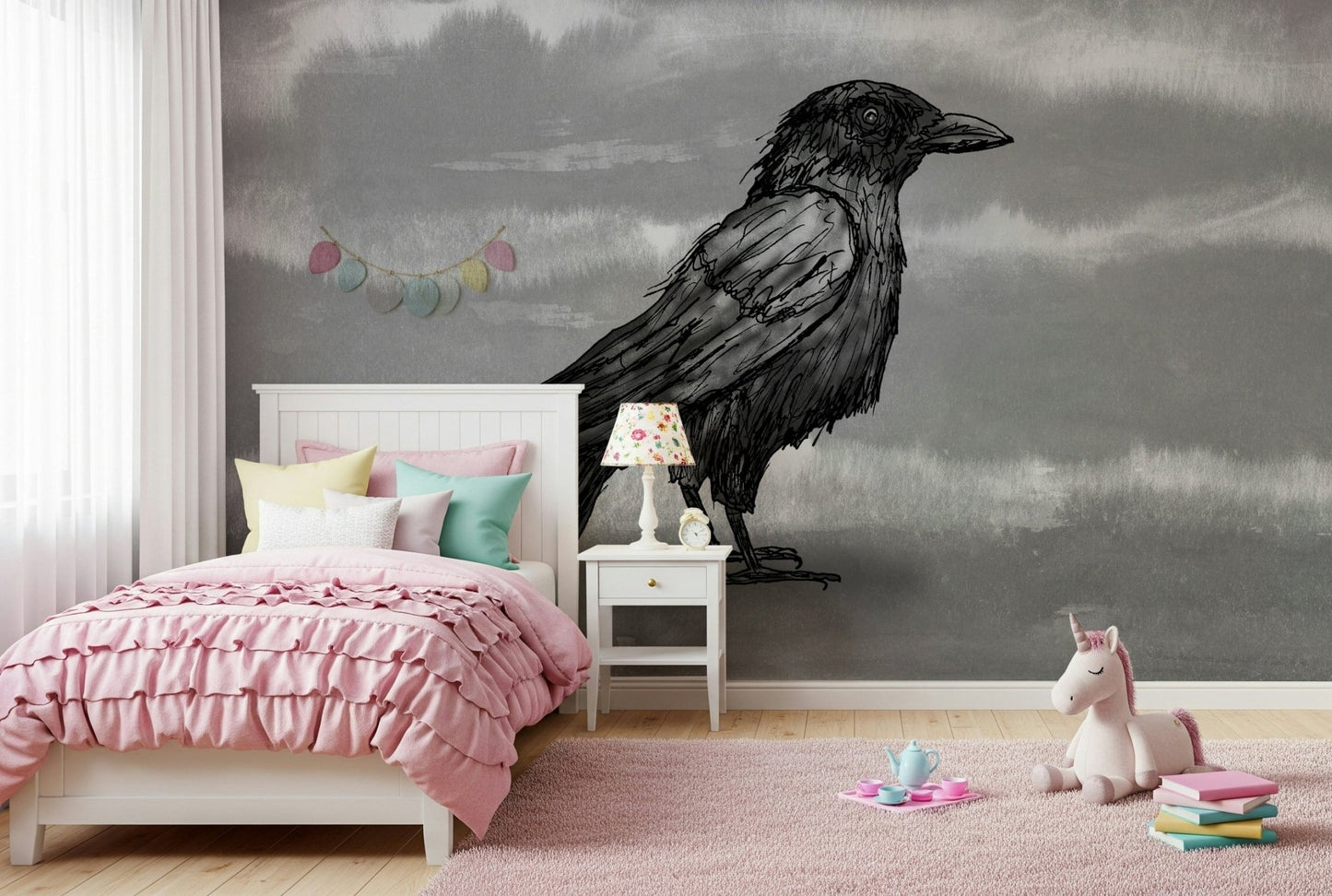 Mr Crow wallpaper for walls behind a rustic wooden shelf.