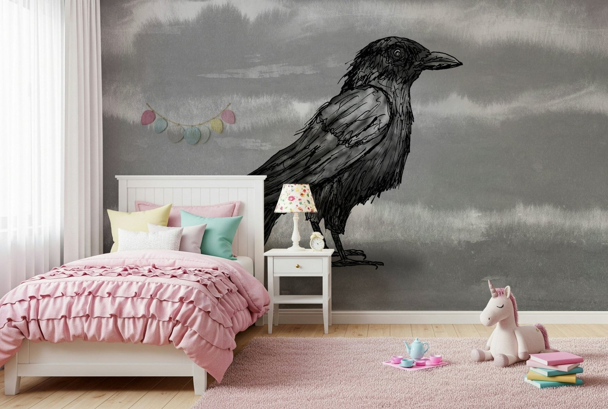 Mr Crow wallpaper for walls behind a rustic wooden shelf.