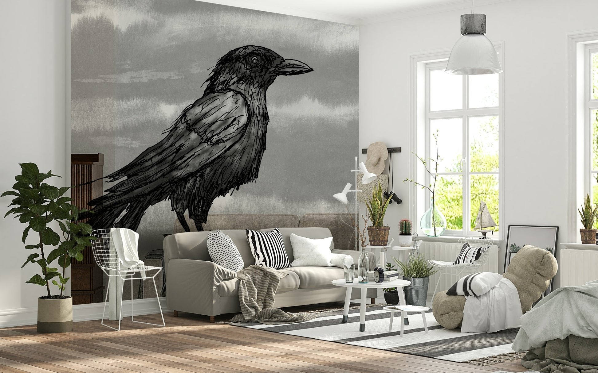 Study space with the contemplative Mr Crow Mural design.