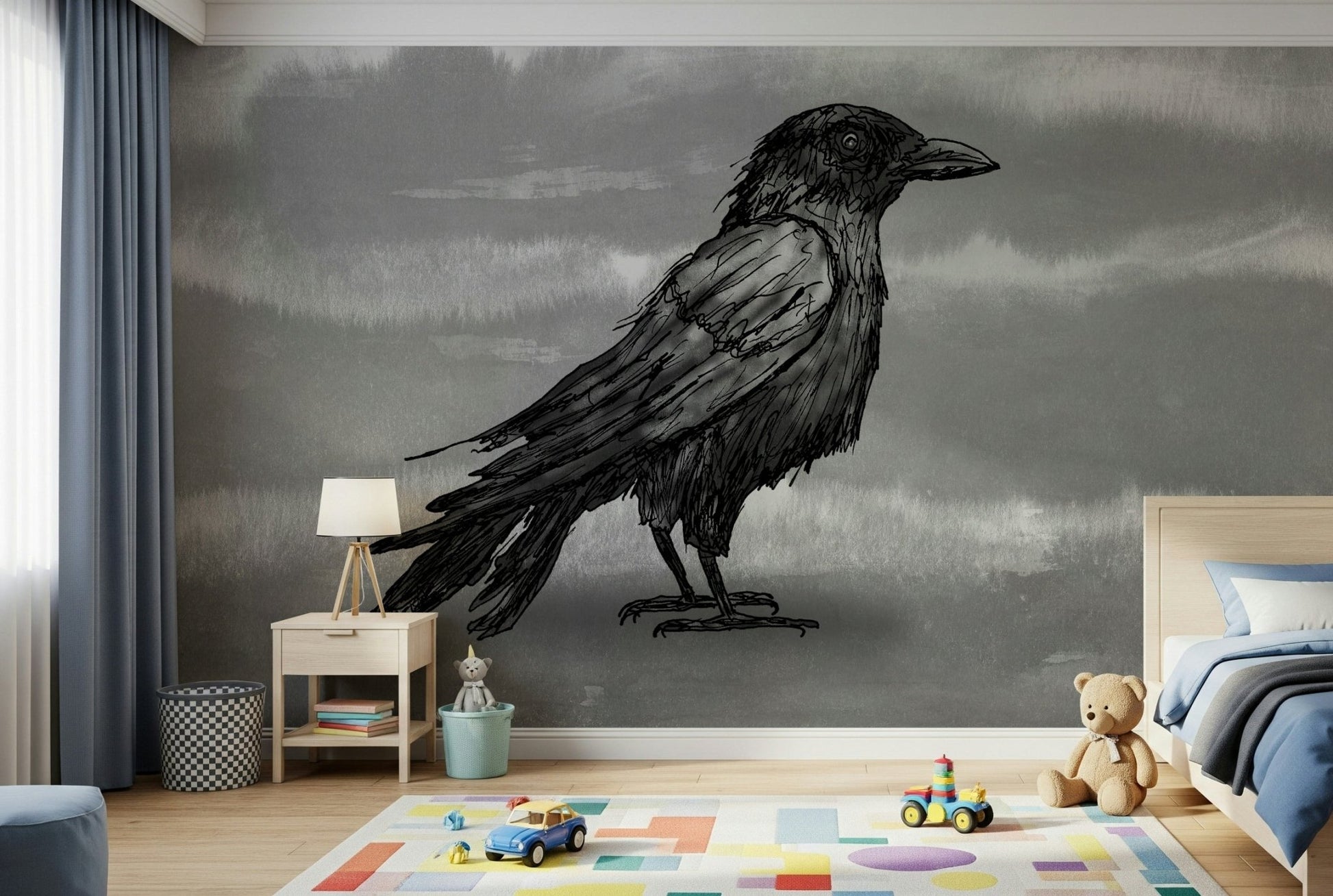 Mr Crow peel and stick wallpaper used in a minimalist office.