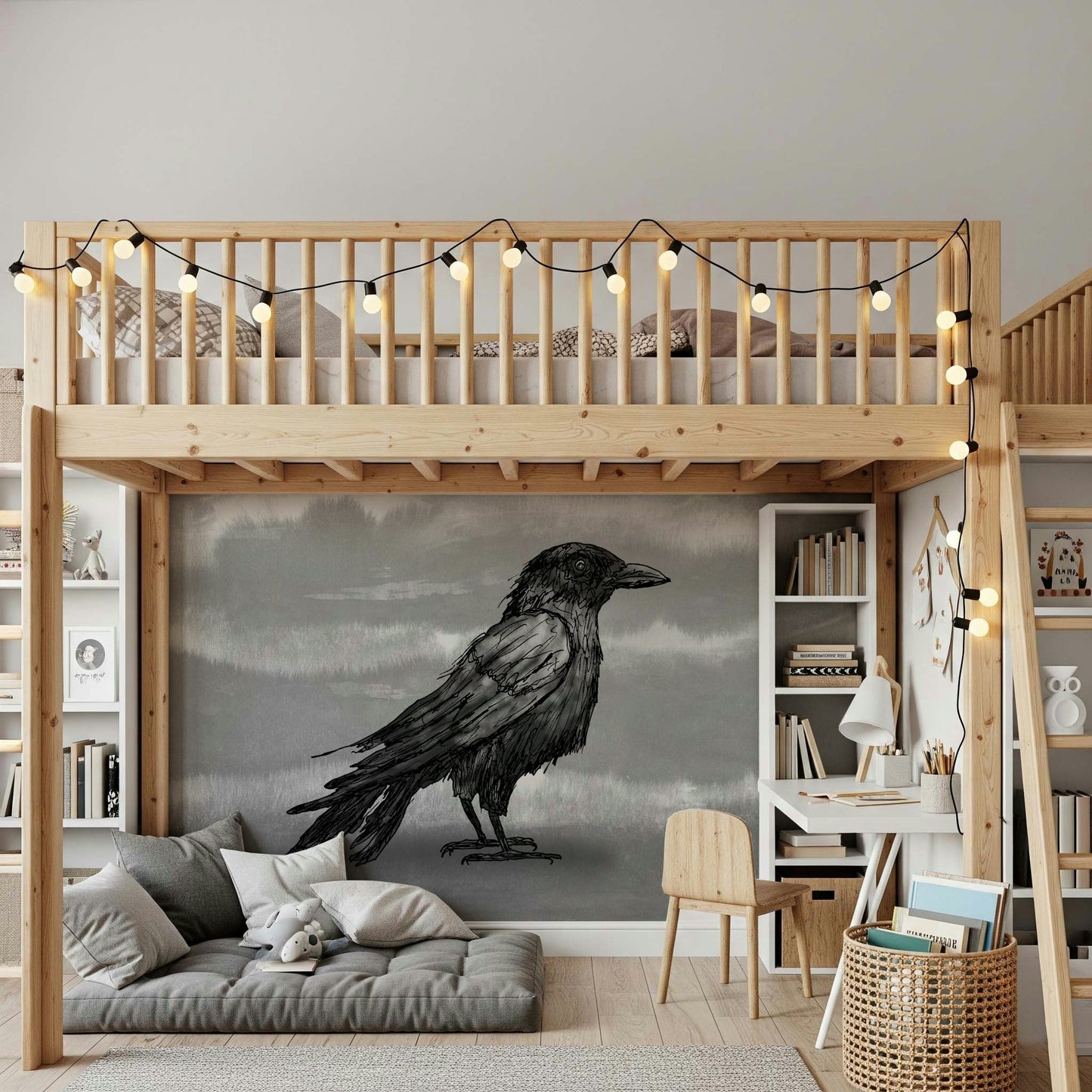 A reading area featuring the elegant Mr Crow Wall Mural.