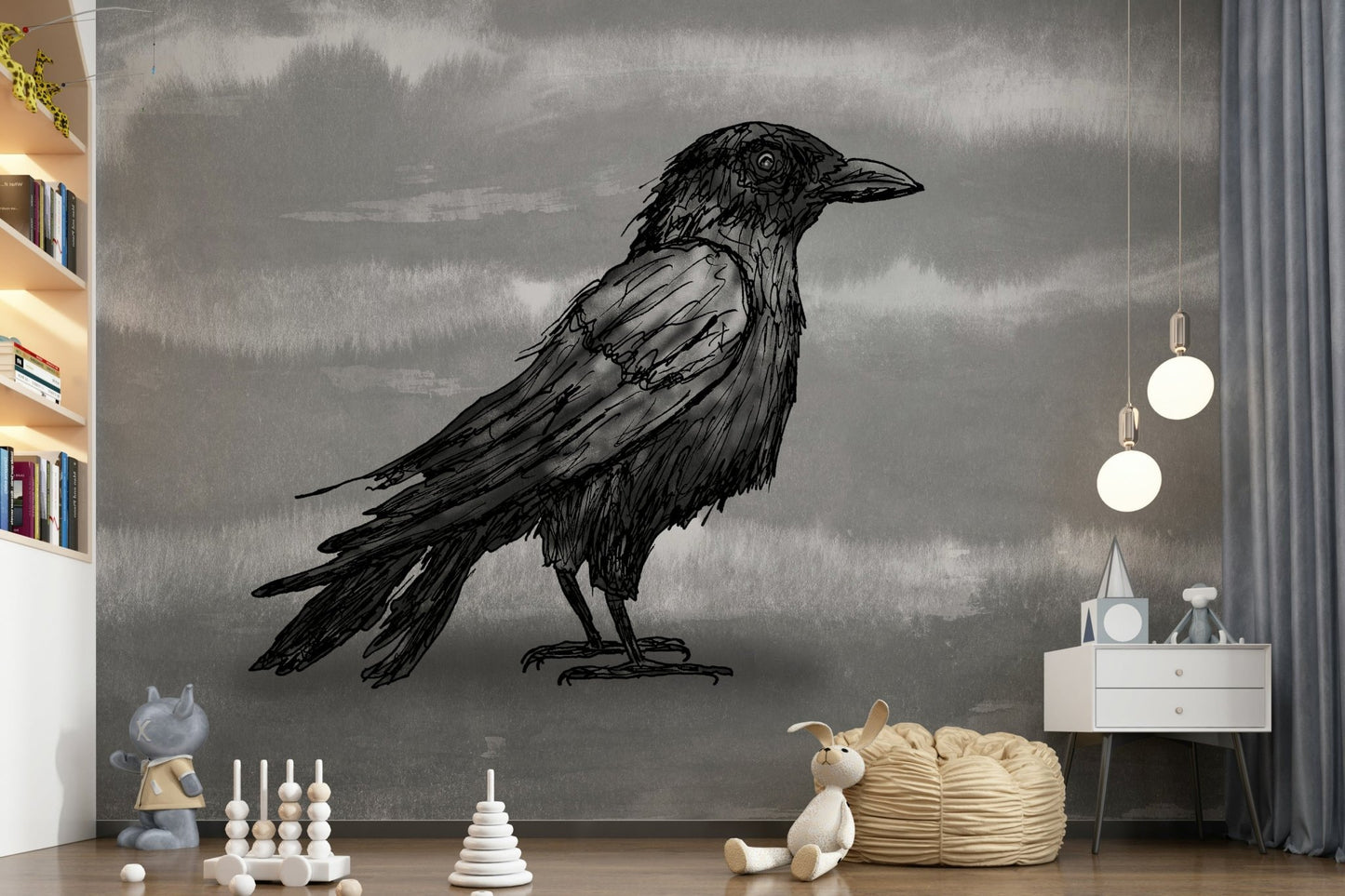 Mr Crow Wall Mural enhances a moody, artistic bedroom space.