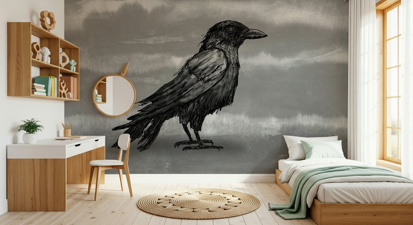 A serious bird illustration on the Mr Crow print background.