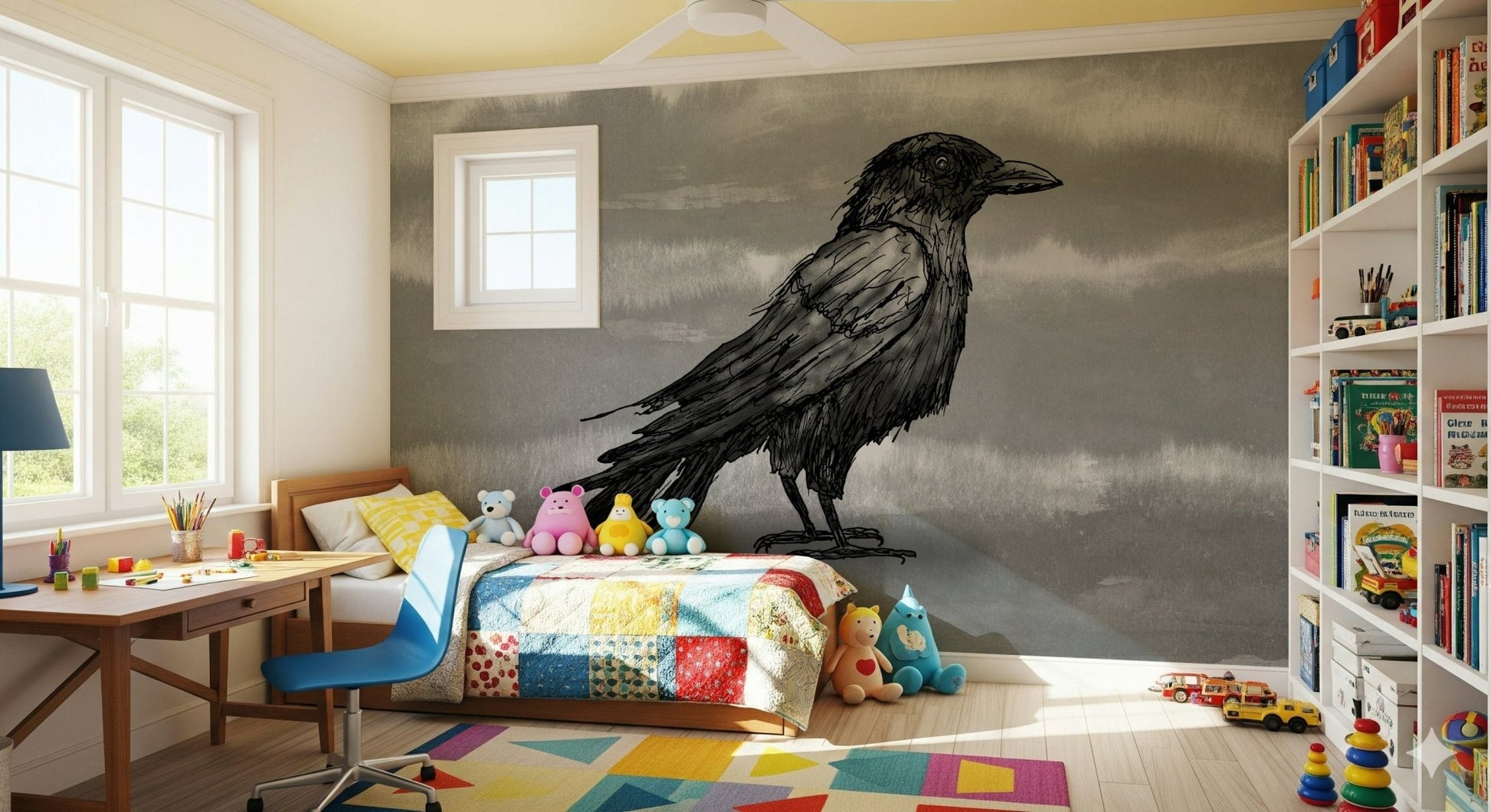 The dark feather detail of the Mr Crow Mural shown clearly.