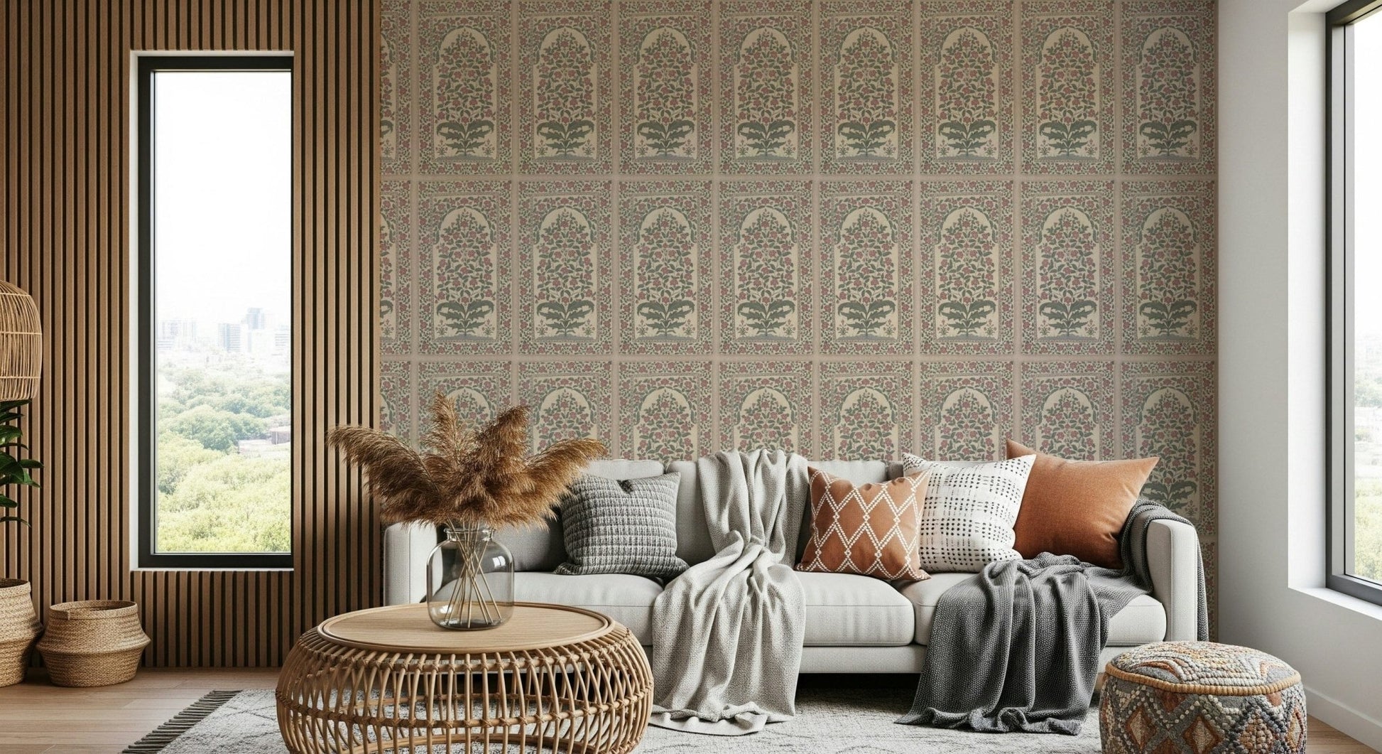Living room backdrop using Mughal Bloom Arches wall mural with muted matte detail