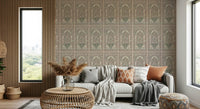 Living room backdrop using Mughal Bloom Arches wall mural with muted matte detail