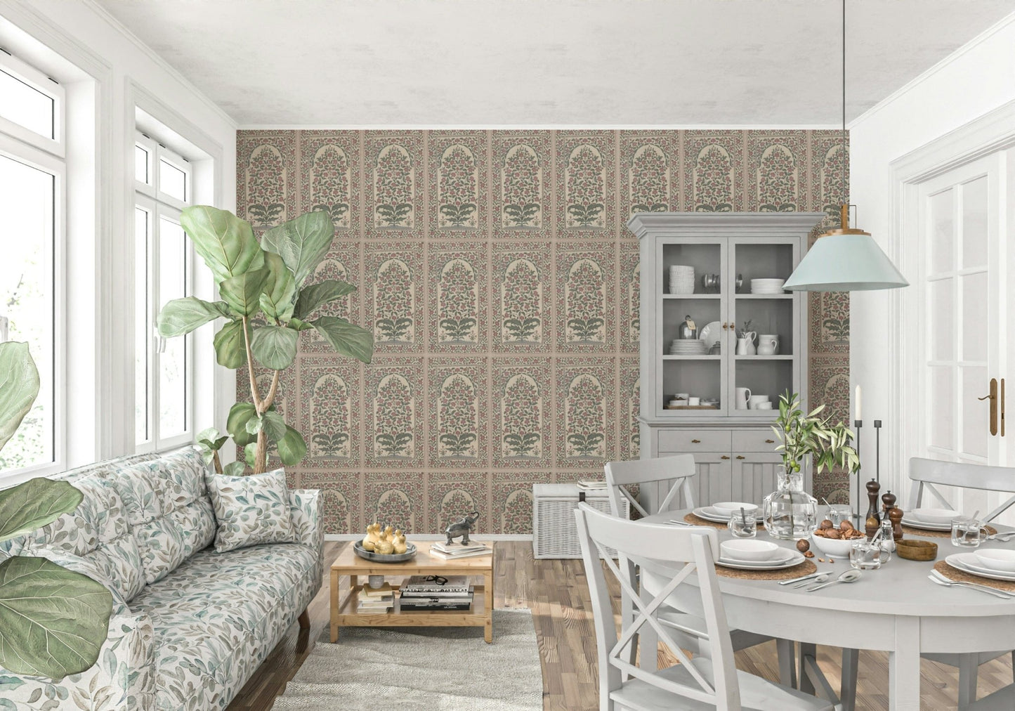 Dining room set with Mughal Bloom Arches wall mural and fine floral border bands