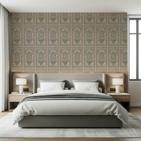 Bedroom lifted by Mughal Bloom Arches wall mural in blush and green balance tones