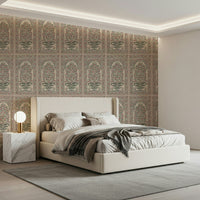 Bedroom setting featuring Mughal Bloom Arches wall mural with blush and sage tones
