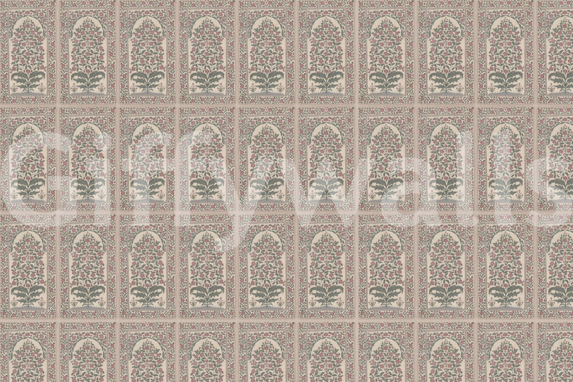 Mughal Bloom Arches wall mural with repeating floral niches in soft blush and sage