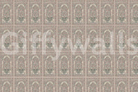 Mughal Bloom Arches wall mural with repeating floral niches in soft blush and sage