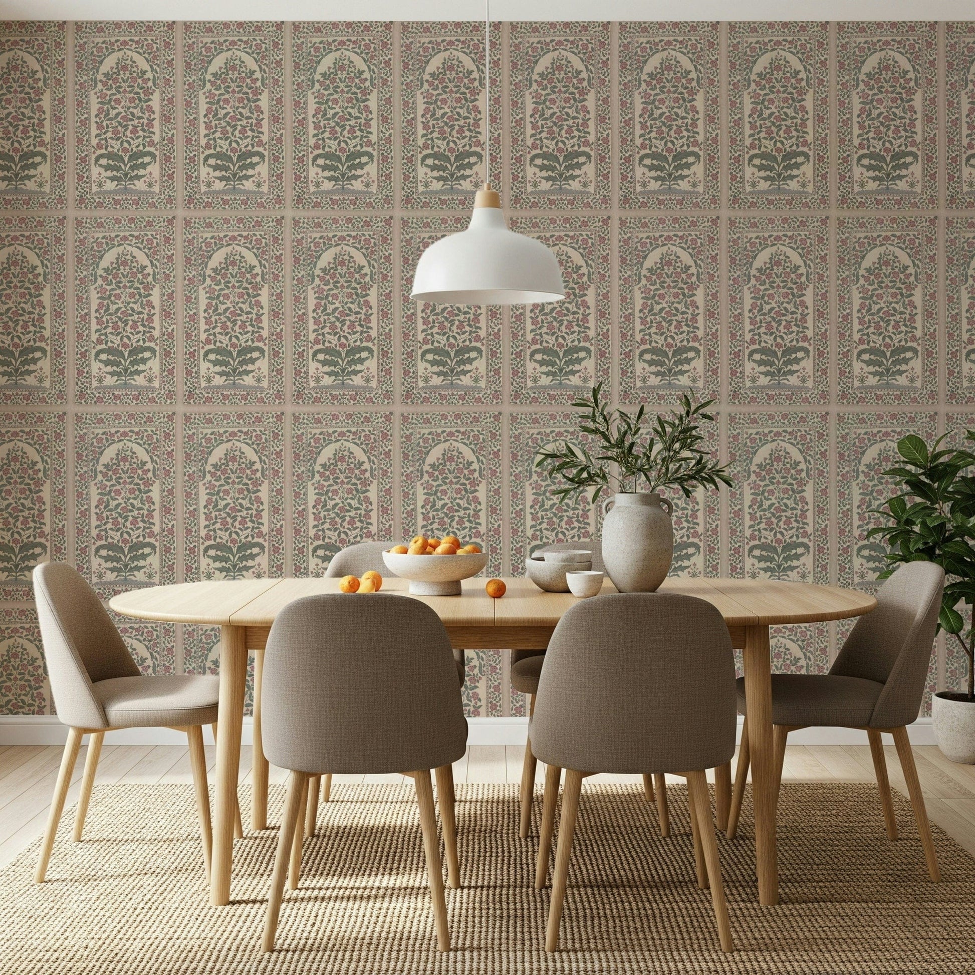 Dining area using Mughal Bloom Arches wall mural for a gentle heritage look throughout