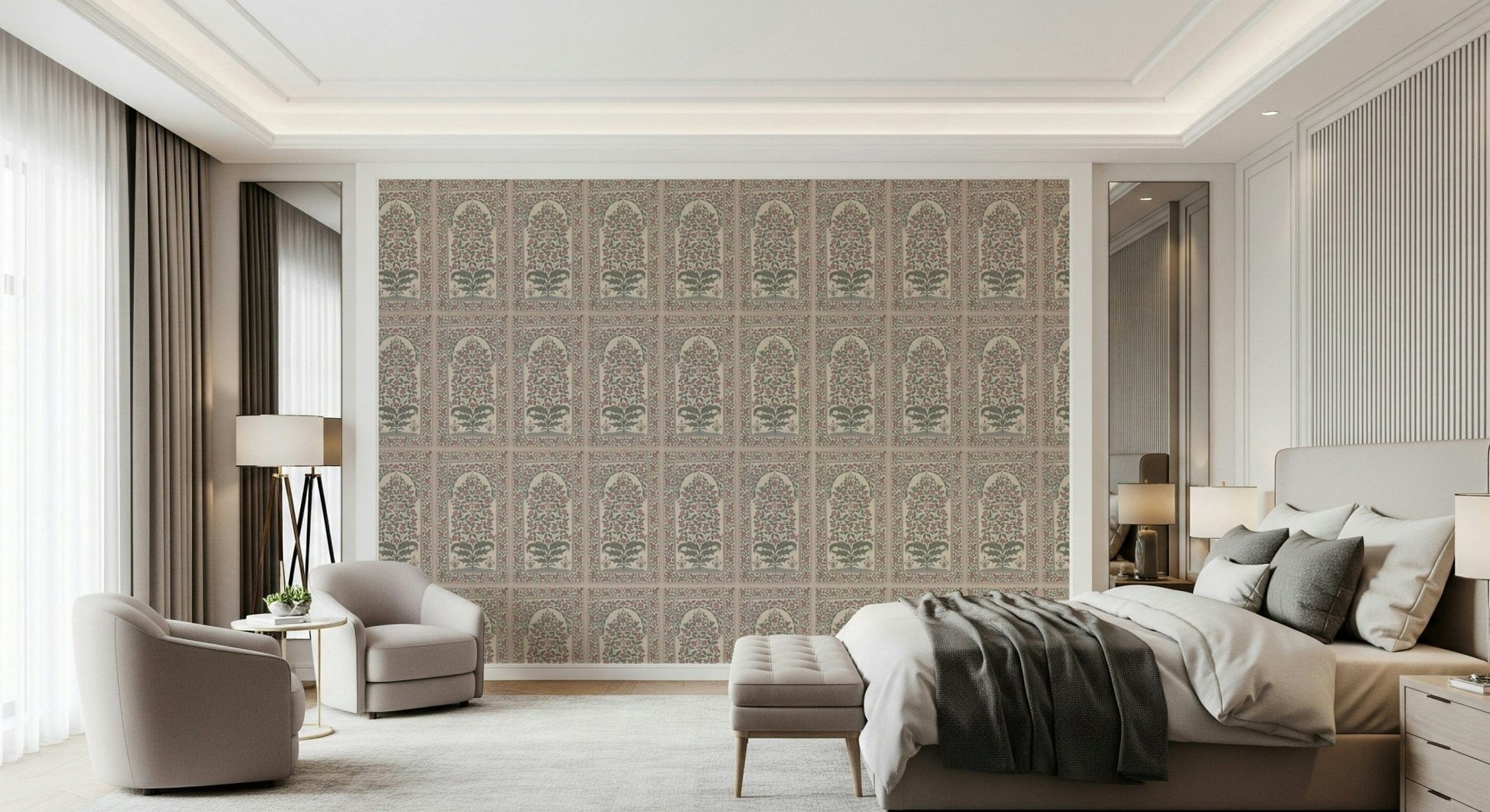 Guest room softened by Mughal Bloom Arches wall mural and pale floral framing details